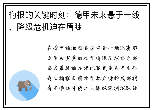 梅根的关键时刻：德甲未来悬于一线，降级危机迫在眉睫